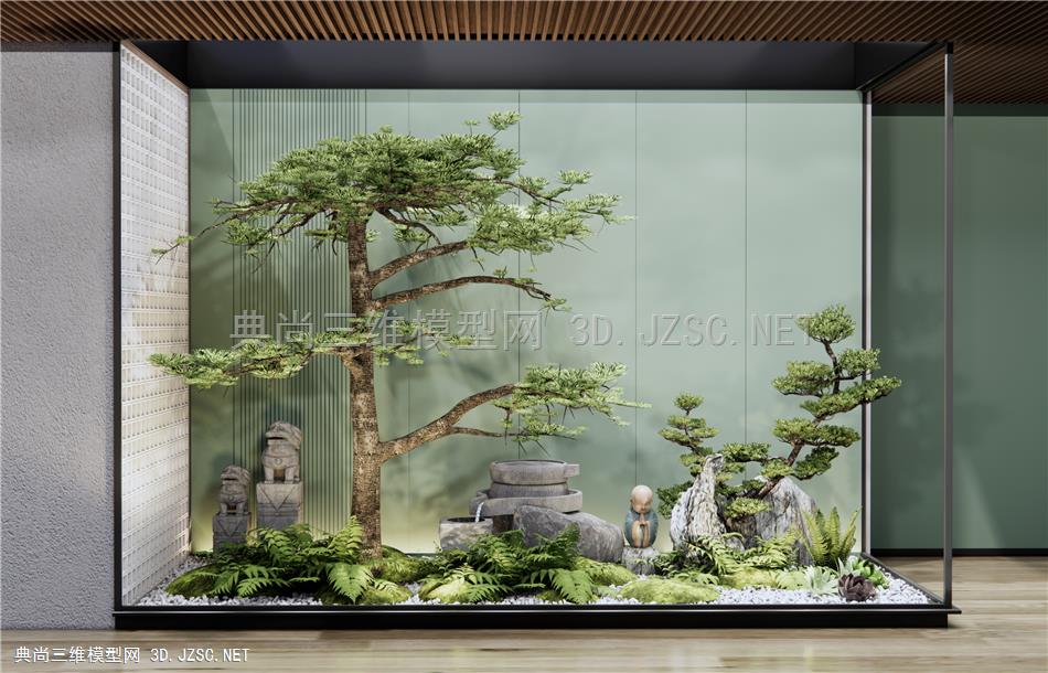 新中式室内植物景观小品 庭院景观小品 蕨类植物 水钵跌水小品 景观树松树1