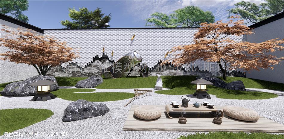 日式禅意庭院花园 枯山石 景墙 石头假山 景石 茶台 茶桌椅 红枫树1