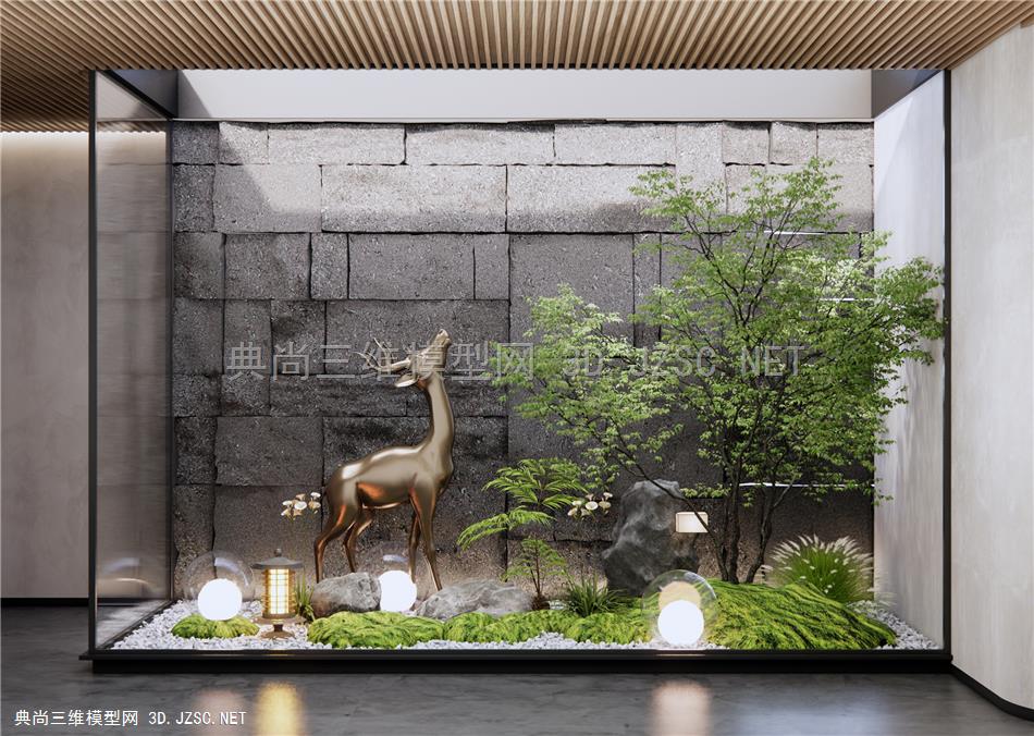 现代庭院小品 植物堆 雕塑小品 天井景观 石皮墙 乔木 室内植物景观