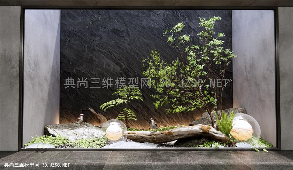 现代室内植物造景 庭院小品 石头假山 枯木 景观石 乔木