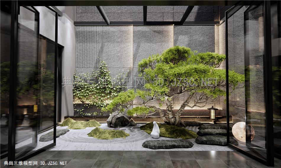 现代天井庭院景观造景 苔藓 石头 植物景观 枯山石 景观树