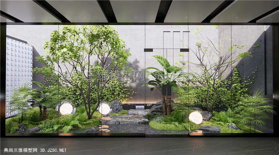 现代植物组合 植物堆 庭院小品 水景 跌水景观 乔木1