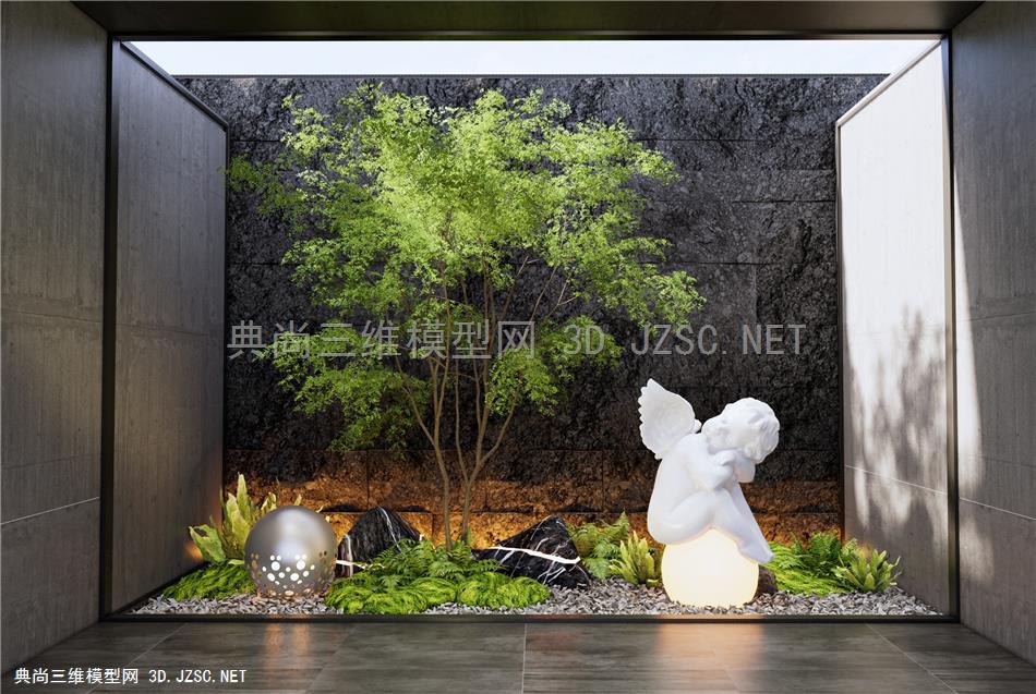 现代室内景观造景 庭院小品 植物堆景观 石头 天使雕塑小品 叠石背景墙 苔藓植物