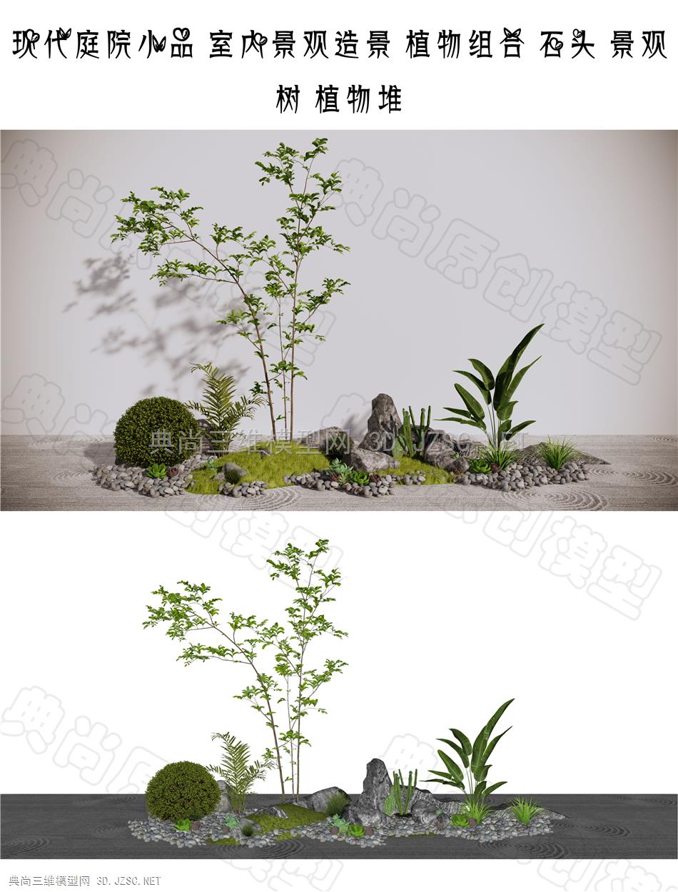 现代庭院小品 室内景观造景 植物组合 石头 景观树 植物堆