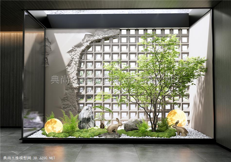 现代室内景观造景 庭院小品 苔藓 月球灯 蕨类植物 水泥砖隔断 室内景观