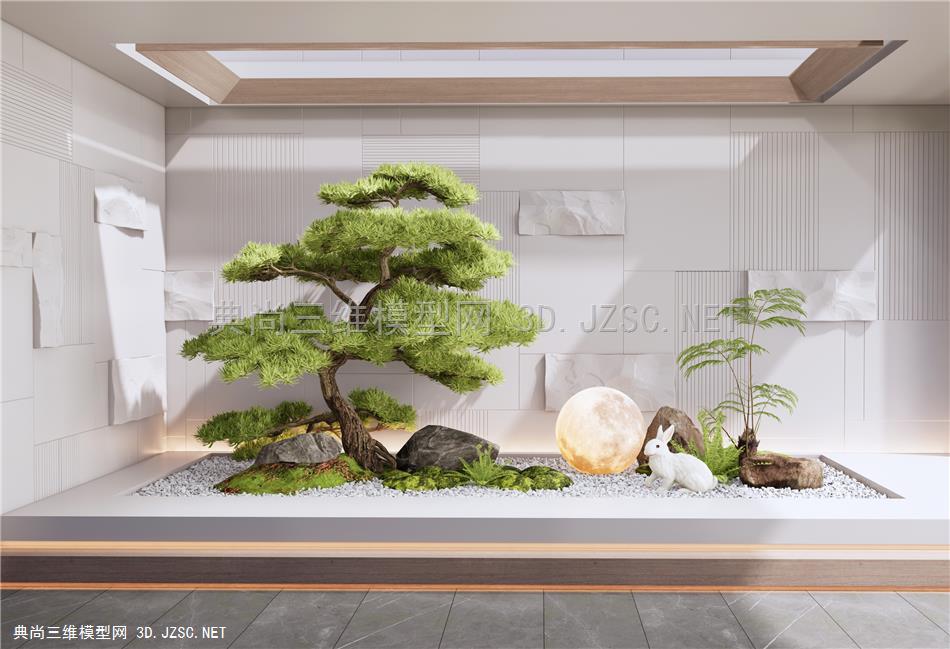 现代庭院植物小品 室内景观造景 月球灯 石头 松树 植物景观