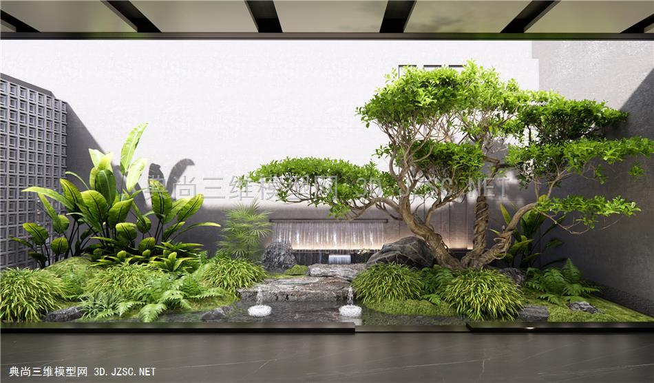 现代假山水景 植物组合 植物堆 水景 跌水景观 灌木 景观树