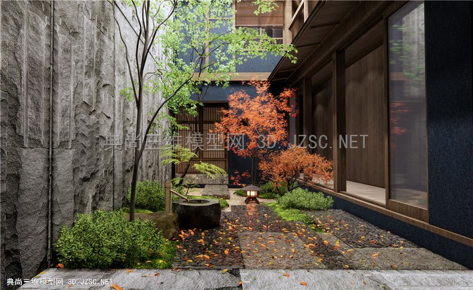 日式庭院景观 植物景观 石板路 红枫 乔木 景观树 水钵 落叶 灌木