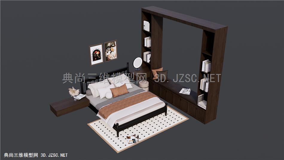 中古风双人床带飘窗柜组合
